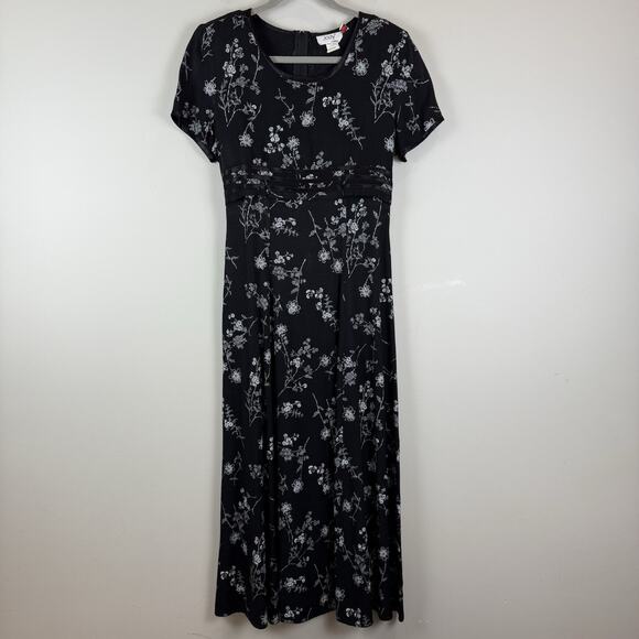 Vtg 90s Jody California Floral Midi Dress Sz 9 Black Ruffle Modest Cottagecore - Picture 1 of 11